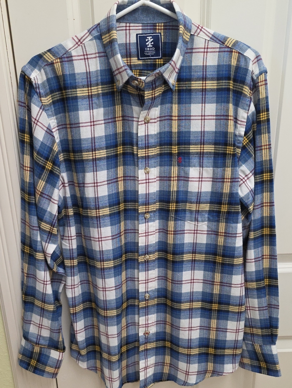 Izod Blue and White Plaid Button-Down Shirt with Yellow Accents